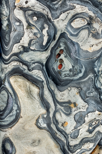 Close-up view of tide pool rocks with unique colorful patterns