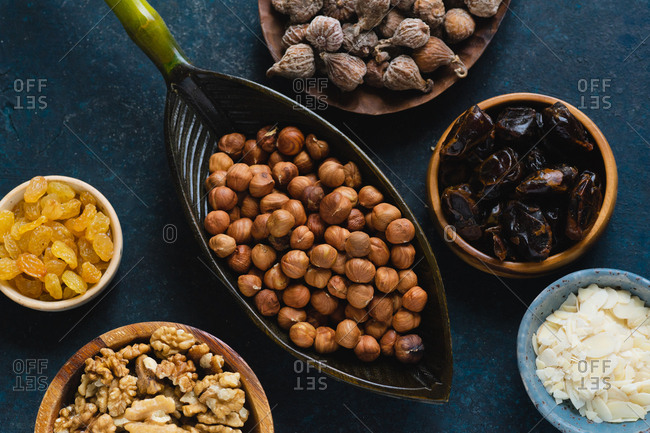 Flatlay with various nuts and dried fruits