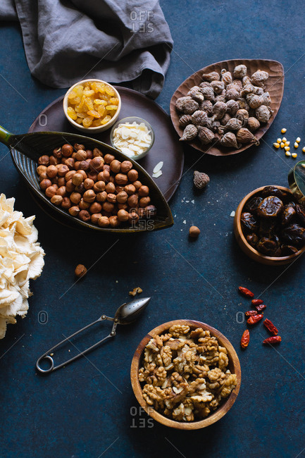 Flatlay with various nuts and dried fruits