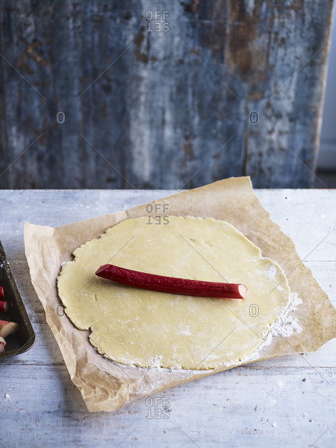 A rhubarb galette being prepared and made