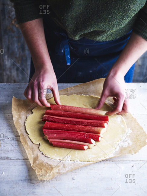 A rhubarb galette being prepared and made