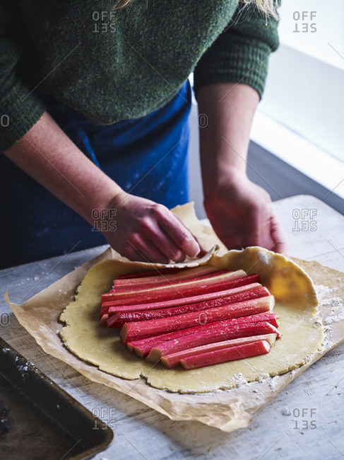 A rhubarb galette being prepared and made from scratch