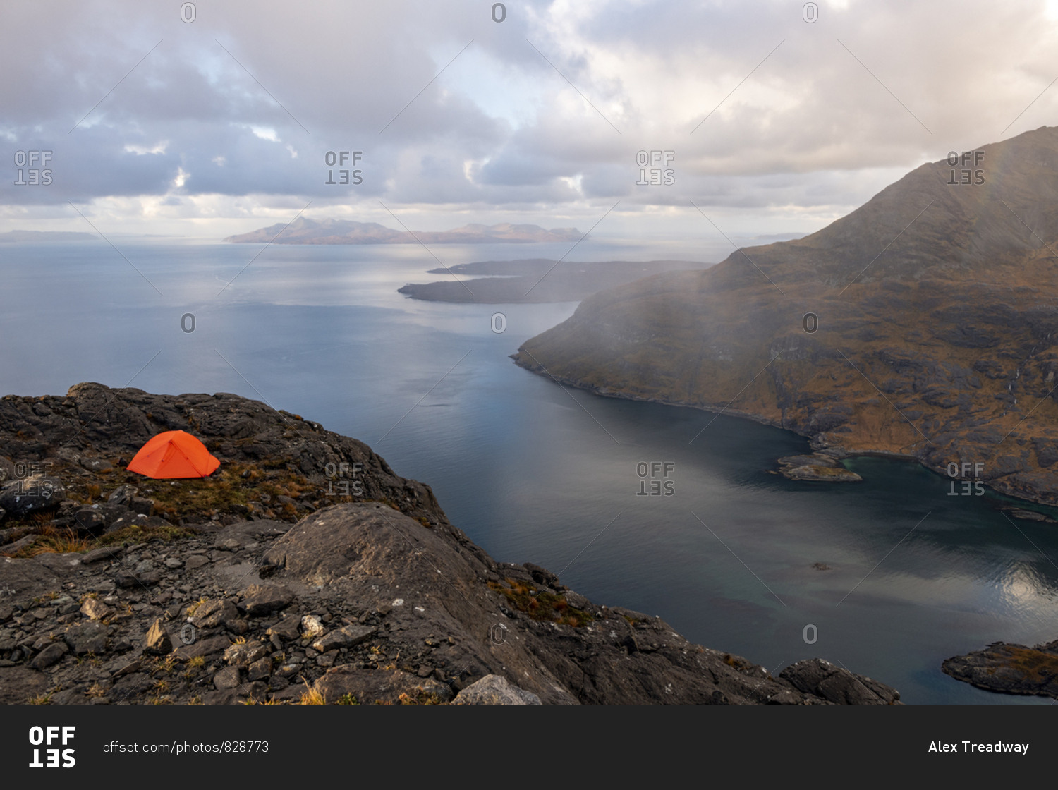 Wild camping on Sgurr Na Stri on the Isle of Skye in the Scottish Highlands with views towards Loch Coruisk and the main Cuillin ridge