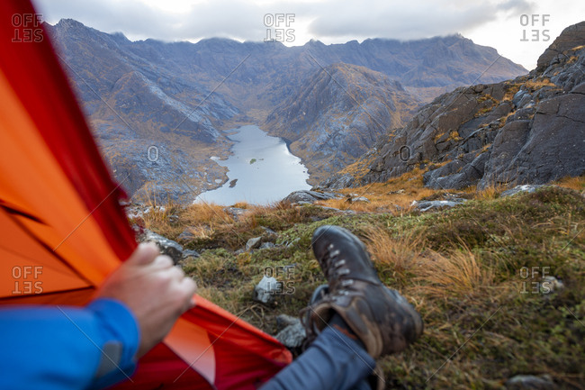 Wild Camping On The Top Of Sgurr Na Stri On The Isle Of Skye In The Scottish Highlands With Views Towards Loch Coruisk And The Main Cuillin Ridge Stock Photo Offset