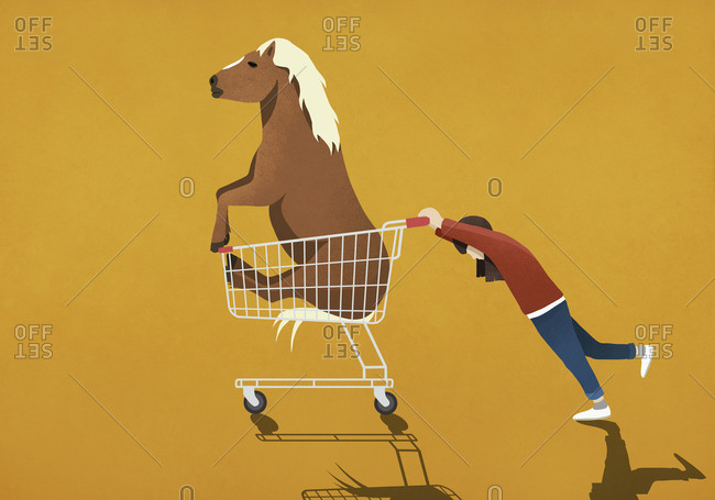 Girl pushing shopping cart with pony