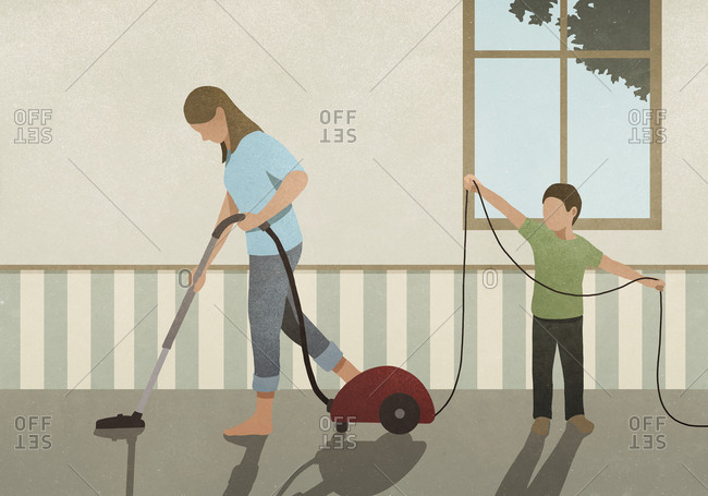 Son helping mother vacuum carpet