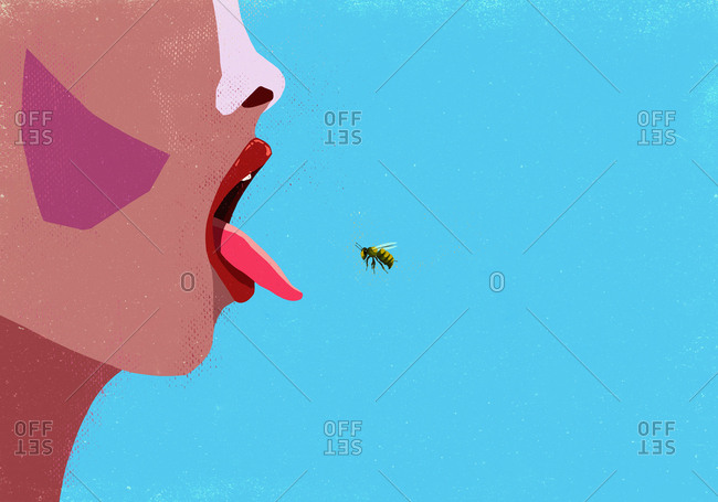 Bumble bee entering woman's mouth