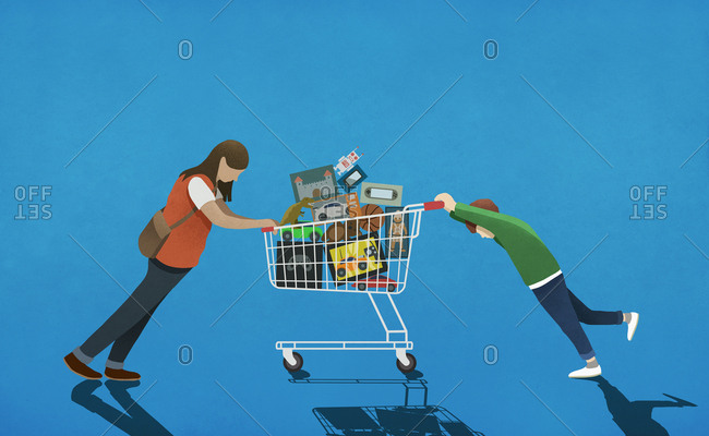 Mother resisting son pushing shopping cart full of toys