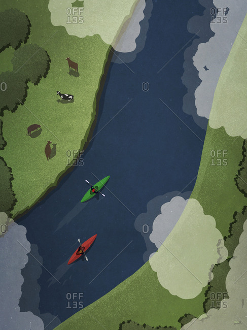 View from above kayakers on idyllic river