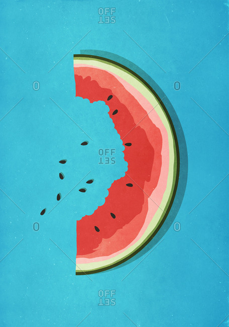 Half-eaten watermelon slice and seeds on blue background