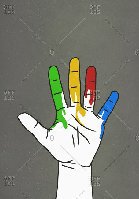 Raised hand dripping rainbow paint