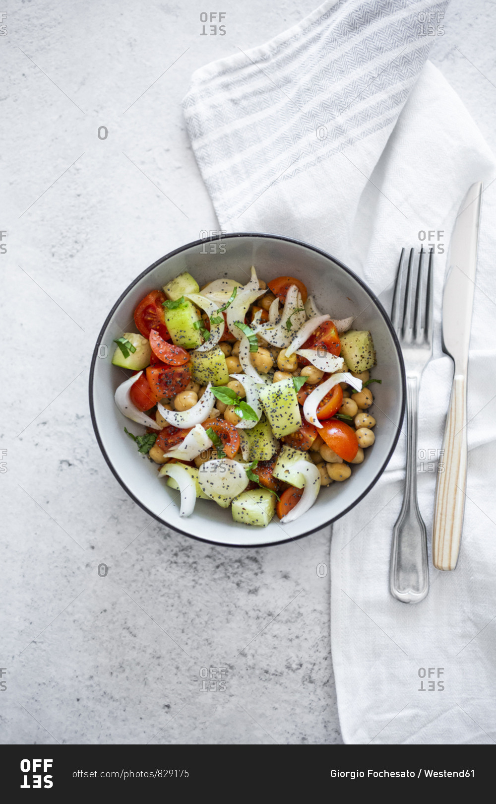 Salad With Cucumbers- Chickpeas- Onion- Cherry Tomatoes- Basil- Chia 