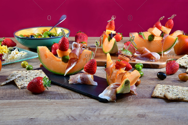 Arranged ingredients and snack with ham