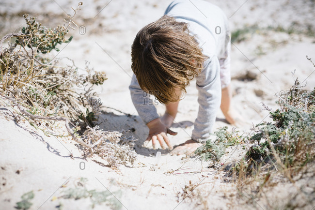 Cute curious kid exploring space by hand and crawling in dusty sandy beach
