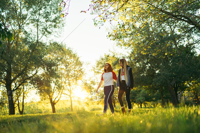Happy lesbian couple walking in park
