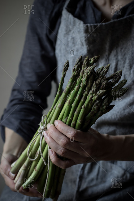 Crop woman in gray textured dress holding tenderly heap of fresh green asparagus stems