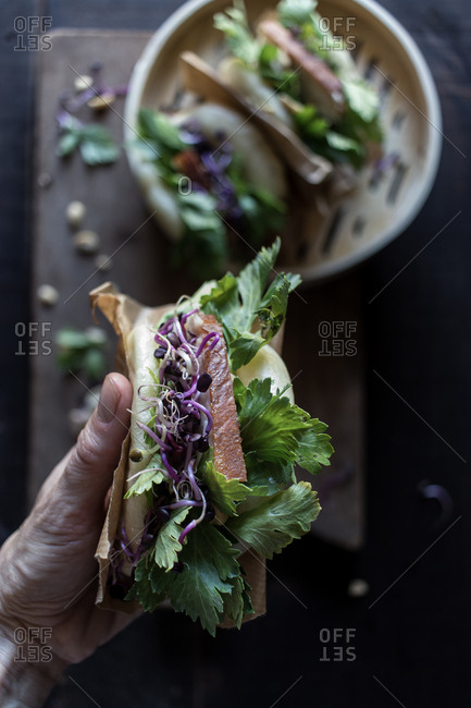Crop from above of person hands holding delicious Gua Bao sandwich with bacon cooked at low temperature and fresh parsley above board