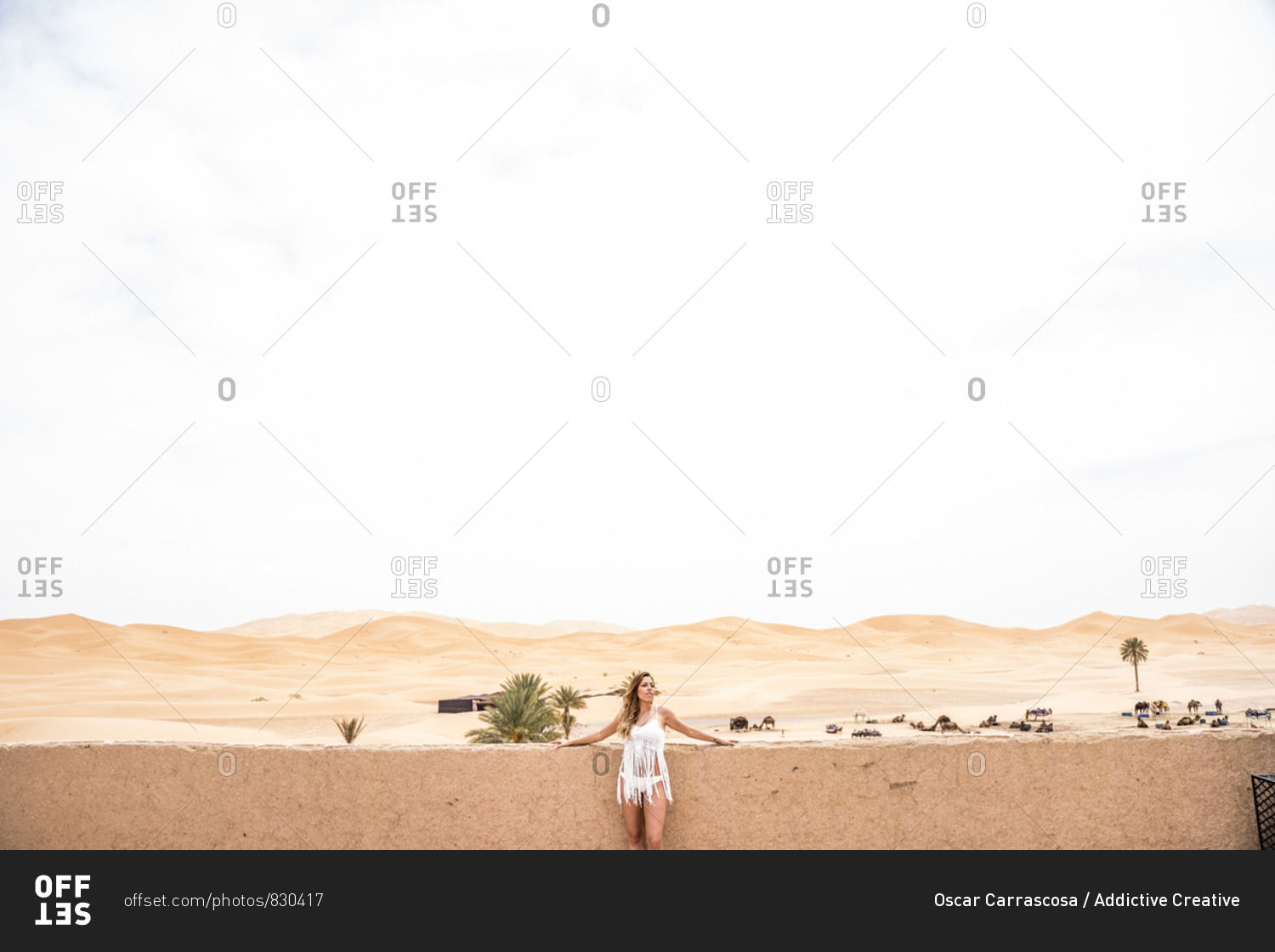 Beautiful young woman in white top leaning on a wall looking away against endless sandy desert, Morocco