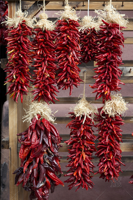 Hot chili peppers drying in Santa Fe, New Mexico