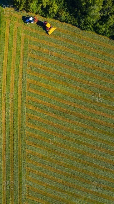 Aerial view of an agricultural field after harvest in late autumn in Naperville, IL in the United States.