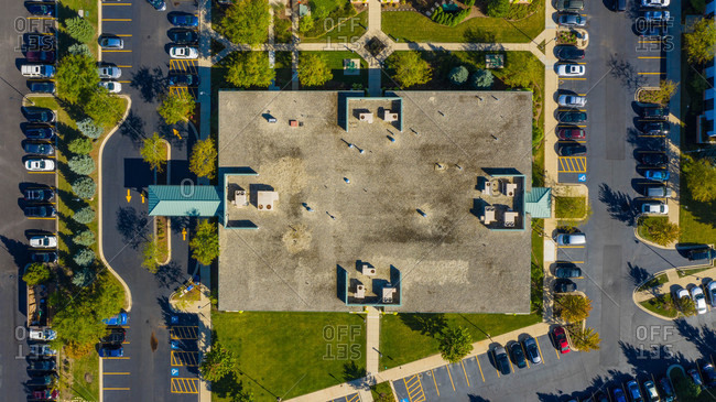 Aerial view of a low rise medical office building in the suburbs of Chicago, IL in the United States