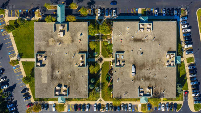 Aerial view of a low rise medical office building in the suburbs of Chicago, IL in the United States