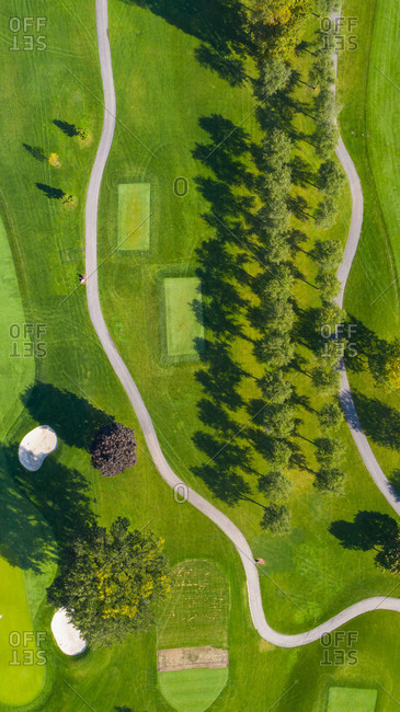 October 3, 2018: Aerial view of a golf course fairway and sand traps in autumn creating an abstract looking perspective at Arrowhead Golf Course in Wheaton, ILUSA