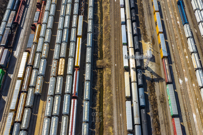 March 16, 2019: Aerial view of rail cars waiting at a staging railyard station in Aurora, ILUSA
