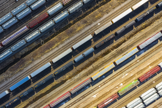 Aerial view of rail cars waiting at a staging railyard station in Aurora, ILUSA