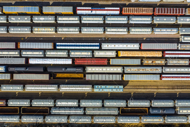 March 16, 2019: Aerial view of rail cars waiting at a staging railyard station in Aurora, ILUSA