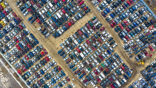 Aerial View Of Rows Of Old Cars That Have Served, Assembled In A Junk 