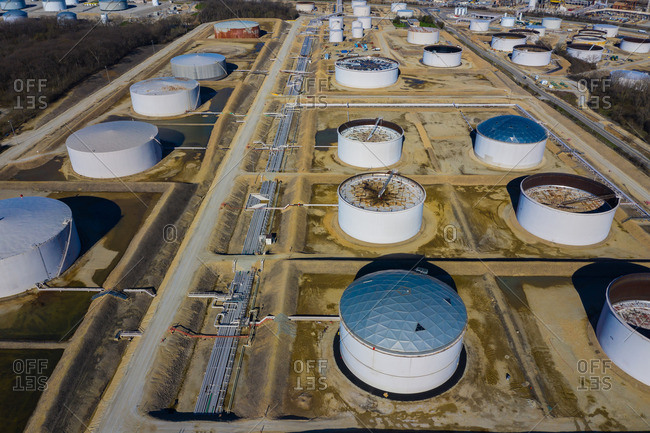 LEMONT, IL, USAAPRIL 20, 2019: Aerial view of a petro chemical processing plant and storage facilities in early morning light.