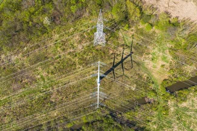 Aerial view of a high voltage electricity power lines and network in Aurora, IL, United States