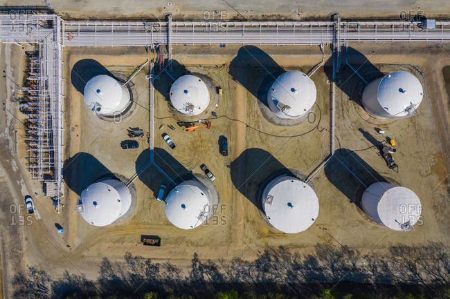 Aerial view of a petro chemical processing plant and storage facilities in early morning light in Lemont, ILUSA.