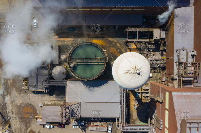 BURNS HARBOR, INDIANA, USAMAY 14, 2019: Aerial view of a modern steel producing facility on the shores of Lake Michigan in Indiana, USA