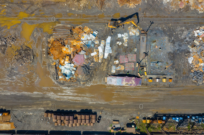 Aerial view of scrap metals and finished steel products at a modern steel producing facility on the shores of Lake Michigan in Indiana.
