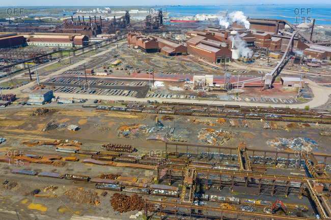 BURNS HARBOR, INDIANA, USAMAY 14, 2019: Aerial view of a modern steel producing facility on the shores of Lake Michigan in Indiana, USA