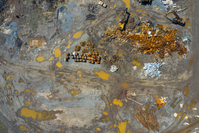 Aerial view of scrap metals and finished steel products at a modern steel producing facility on the shores of Lake Michigan in Indiana.