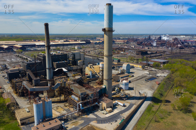 BURNS HARBOR, INDIANA, USAMAY 14, 2019: Aerial view of a modern steel producing facility on the shores of Lake Michigan in Indiana, USA
