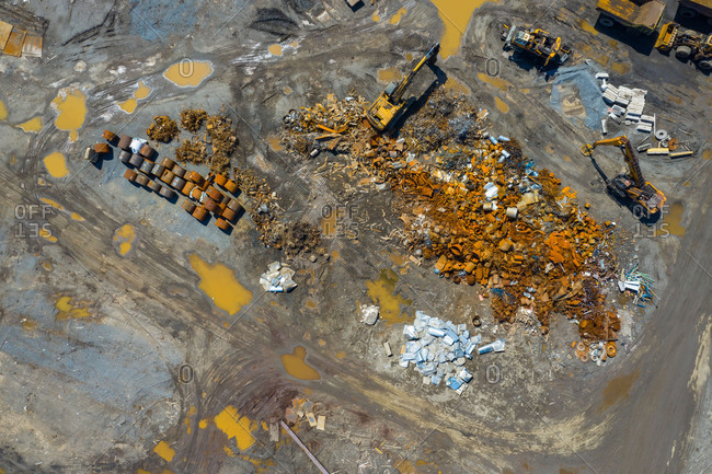 Aerial view of scrap metals and finished steel products at a modern steel producing facility on the shores of Lake Michigan in Indiana.