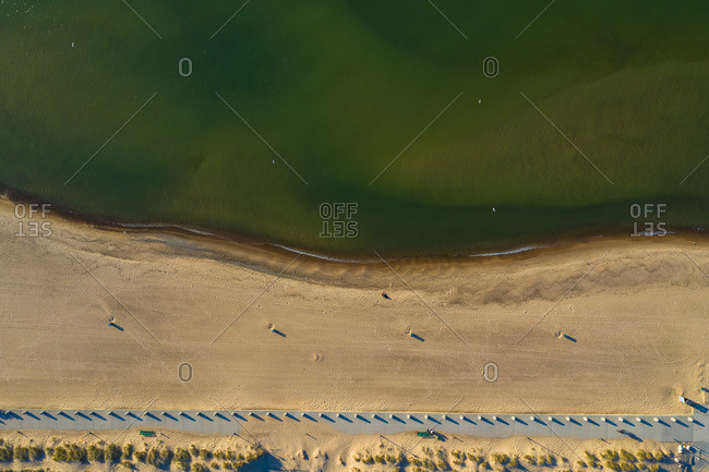 Aerial view of the beach and Lake Michigan shoreline at Indiana Dunes National Lakeshore in Indiana in the United States.