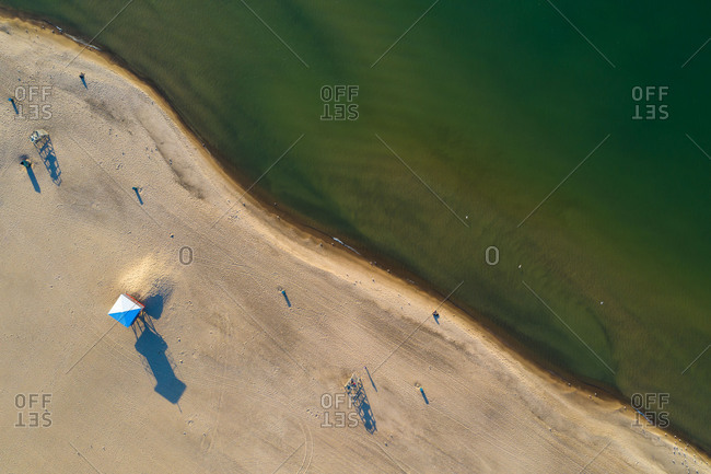 Aerial view of the beach and Lake Michigan shoreline at Indiana Dunes National Lakeshore in Indiana in the United States.