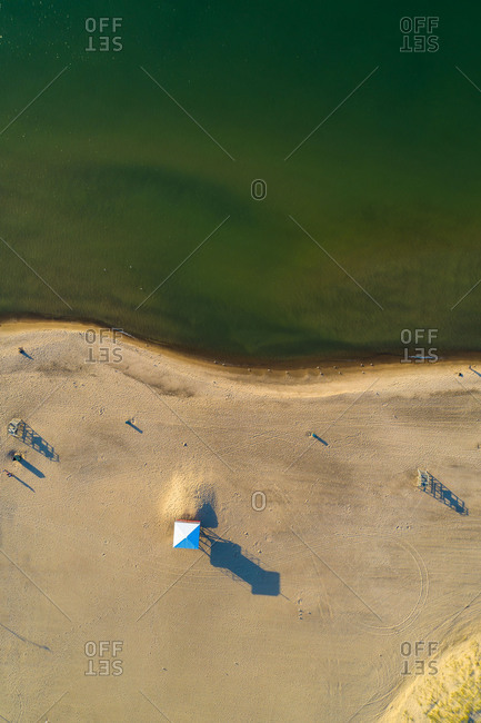 Aerial view of the beach and Lake Michigan shoreline at Indiana Dunes National Lakeshore in Indiana in the United States.
