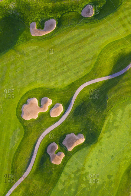 May 22, 2019: Aerial view of a golf course fairway and sand traps in early spring creating an abstract looking perspective at the Cantigny Golf Course in Wheaton, ILUSA