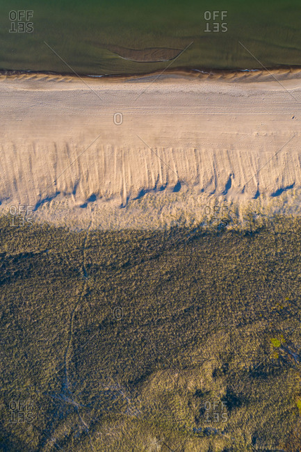 Aerial view of the beach and Lake Michigan shoreline at Indiana Dunes National Lakeshore in Indiana in the United States.
