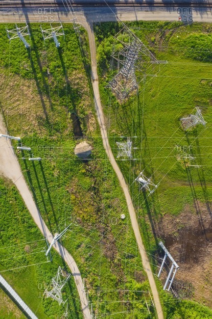 Aerial view of a high voltage electricity power lines and network in Aurora, IL, United States