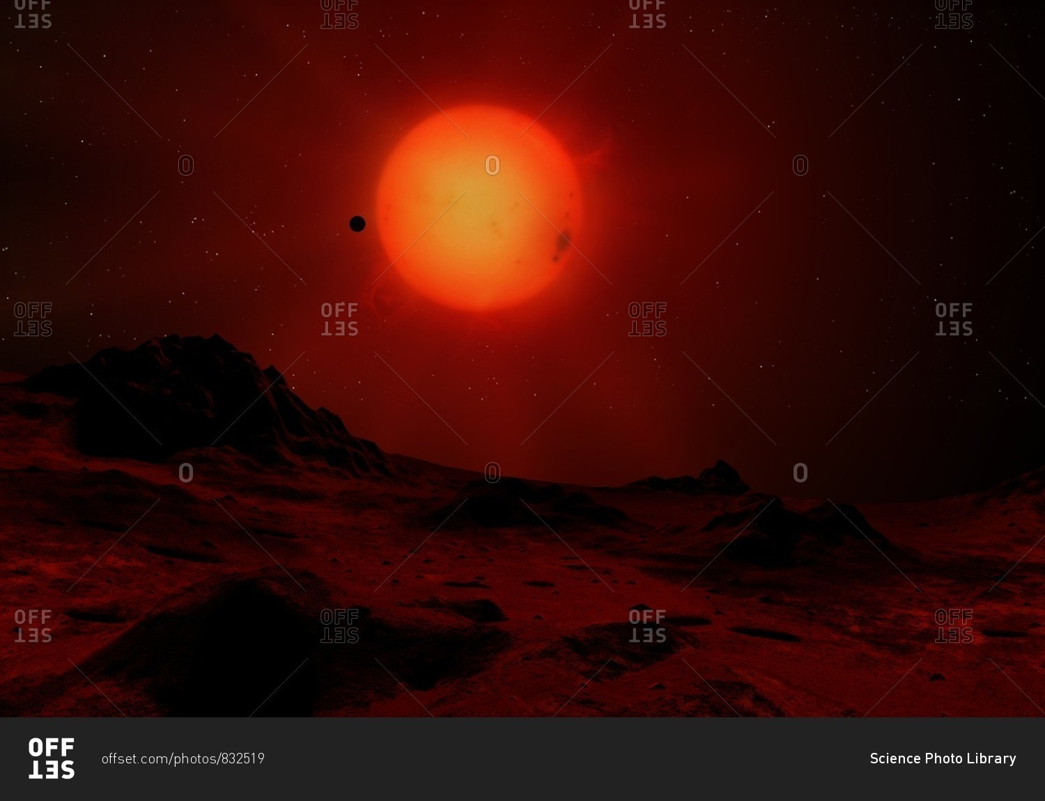 Illustration of a red dwarf star seen from the surface of an orbiting ...