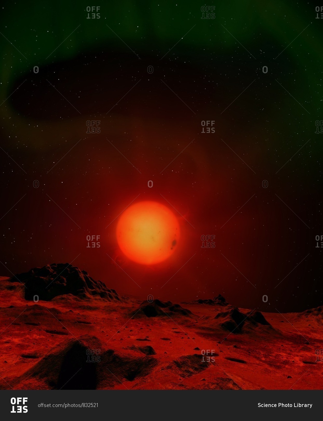 Illustration of a red dwarf star seen from the surface of an
orbiting world. Red dwarfs are the most common stars in the
universe. Like the Sun they are main-sequence stars, burning
hydrogen, but substantially cooler, dimmer; redder and smaller.
Proxima C