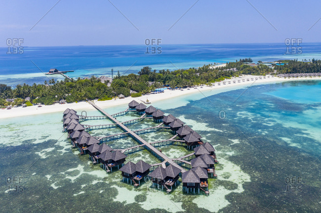 Aerial view over water bungalows at Olhuveli- South Male Atoll- Maldives