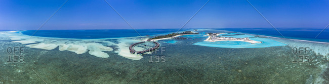 Aerial view over Olhuveli with water bungalow- South Male Atoll- Maldives